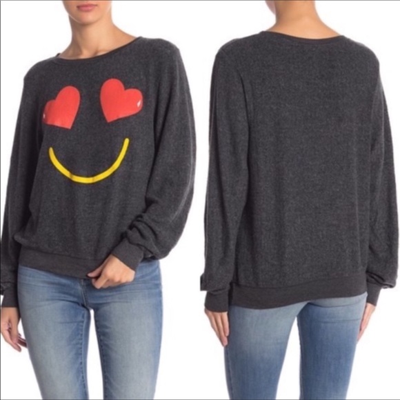 WILDFOX Essential Smiling Hearts Emoji Pullover Grey Sweatshirt - Picture 4 of 5